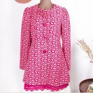 Adorn Y2K Pink Grey Retro Mod Print Lace Crochet A-Line Coat